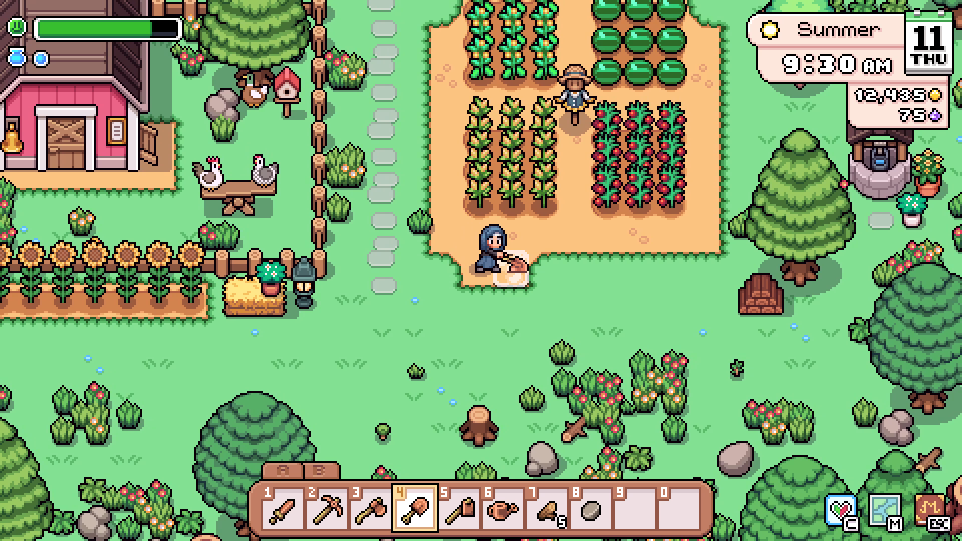 A developed spring farm with crop rows, animals and fruit trees.